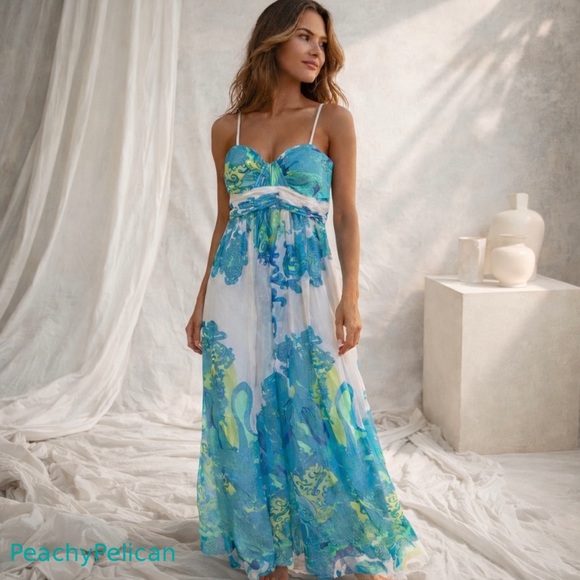 Cache Dresses & Skirts - Caché Size 8 Blue Green Paisley Chiffon Maxi Dress Resort Evening Event Prom